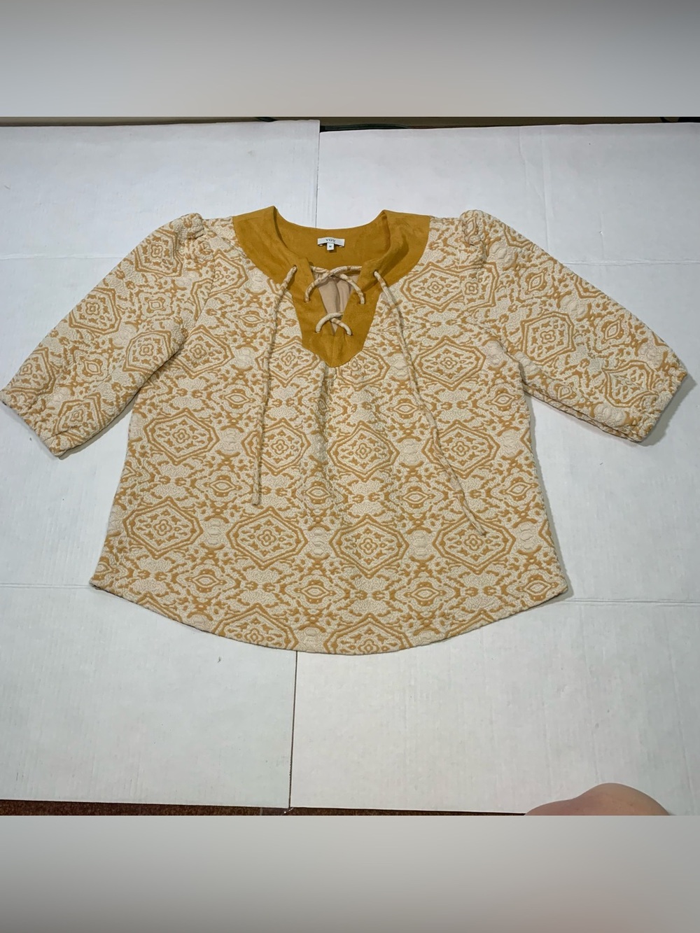 Women's Mustard Patterned Tie-Neck Tunic Top